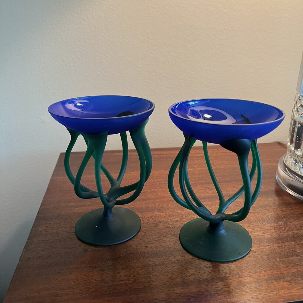 Jozefina Krosno vtge octopus jellyfish glass artwork blue and green set of two